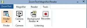 A screenshot displaying new features/tools such as Finder, Camera, Background Reader and Recorder available in ZoomText Magnifier/Reader.