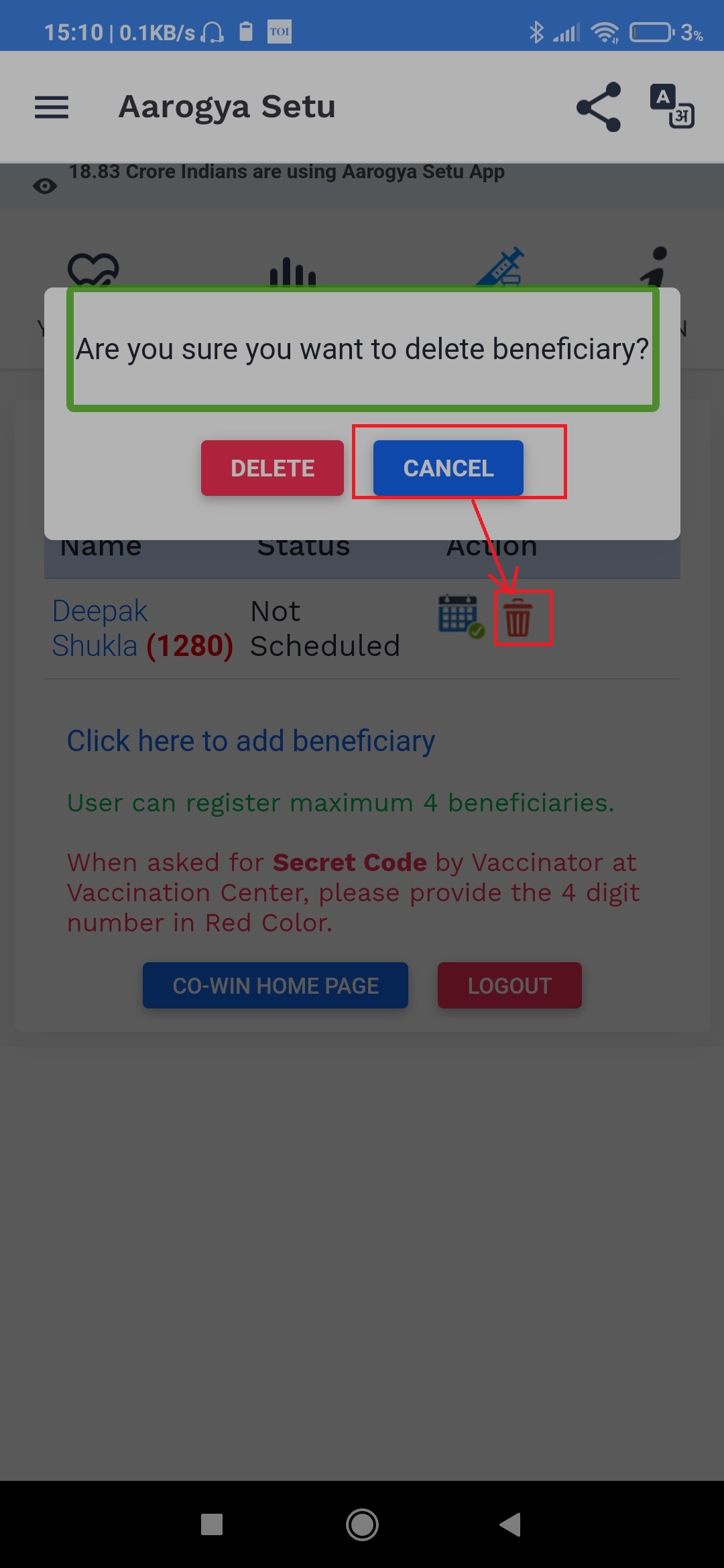 Closing the delete beneficiary popup does not take the focus to Delete beneficiary button