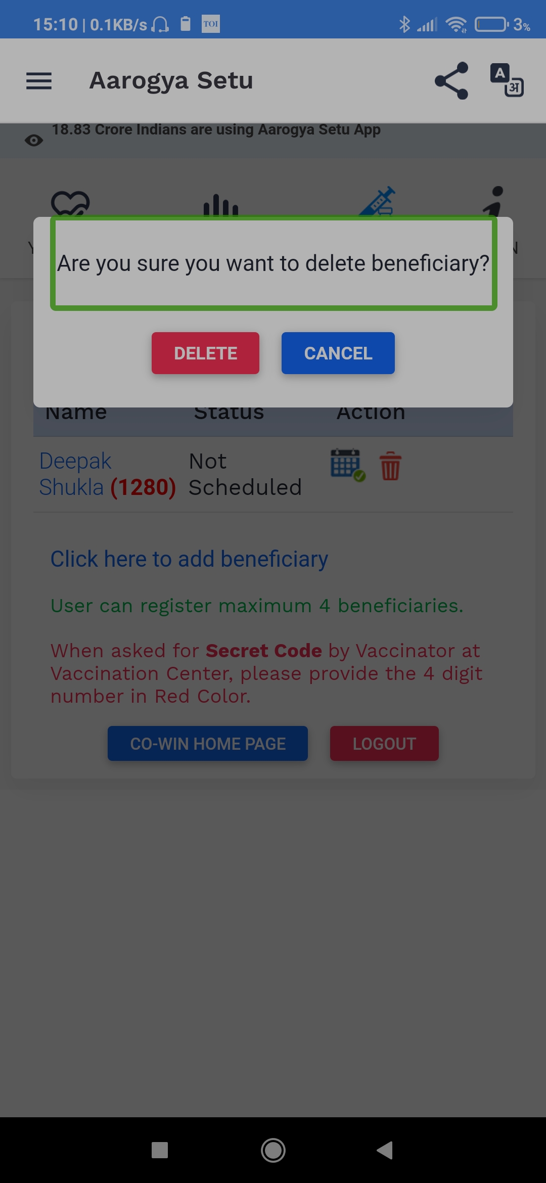 Focus does not go to Delete beneficiary popup when user double tap on Delete beneficiary button