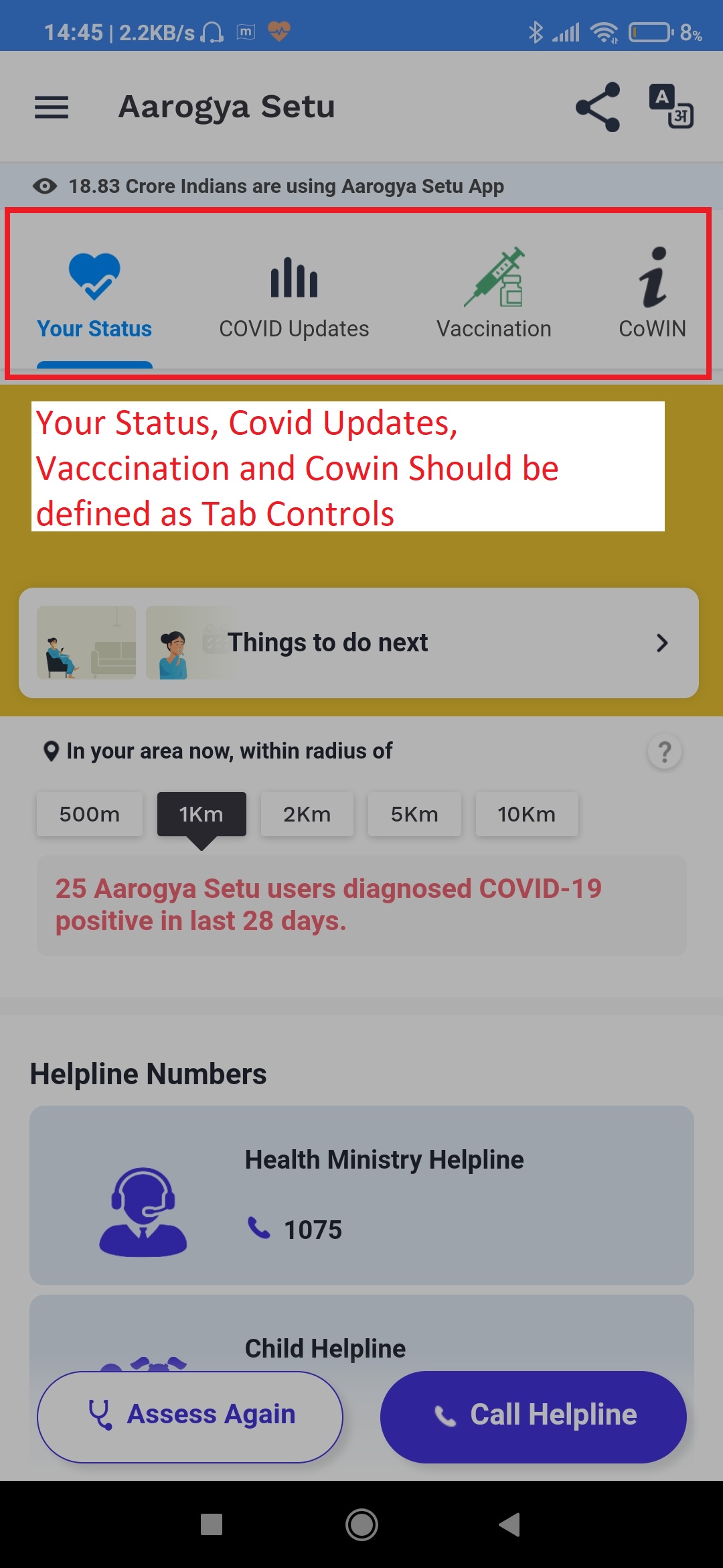 Your Status, Covid Updates, Vaccination and CoWin Should be defined as Tab Controls