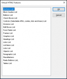 Screenshot of Virtual HTML features when JAWS users use keystroke Insert + F3.