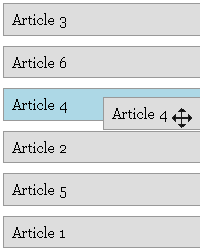 A screenshot where "Article 3", "Article 6", "Article 4", and so on are draggable item, where "Article 4" is being dragged to change it's location.