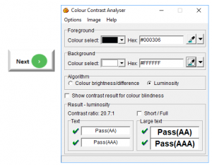 Screenshot of text Next adjacent to next icon and Color contrast analyser with 20.7:1 ratio 
