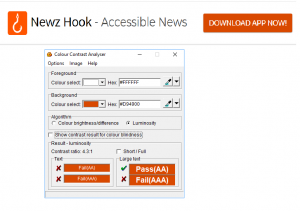 Screenshot of Newzhook website with Download App Now! button text which is bold and Color contrast analyser with 4.3:1 ratio 