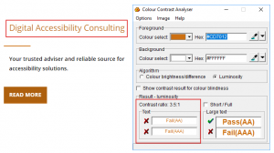 Screenshot of a website showing text Digital Accessibility consulting and Color contrast analyser with 3.5:1 ratio 