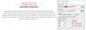 Screenshot of a website showing "Accessible Documents" text highlighted and Color contrast analyser with 4.7:1 ratio 