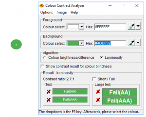 Screenshot of a next icon and Color contrast analyser with 2.7:1 ratio 