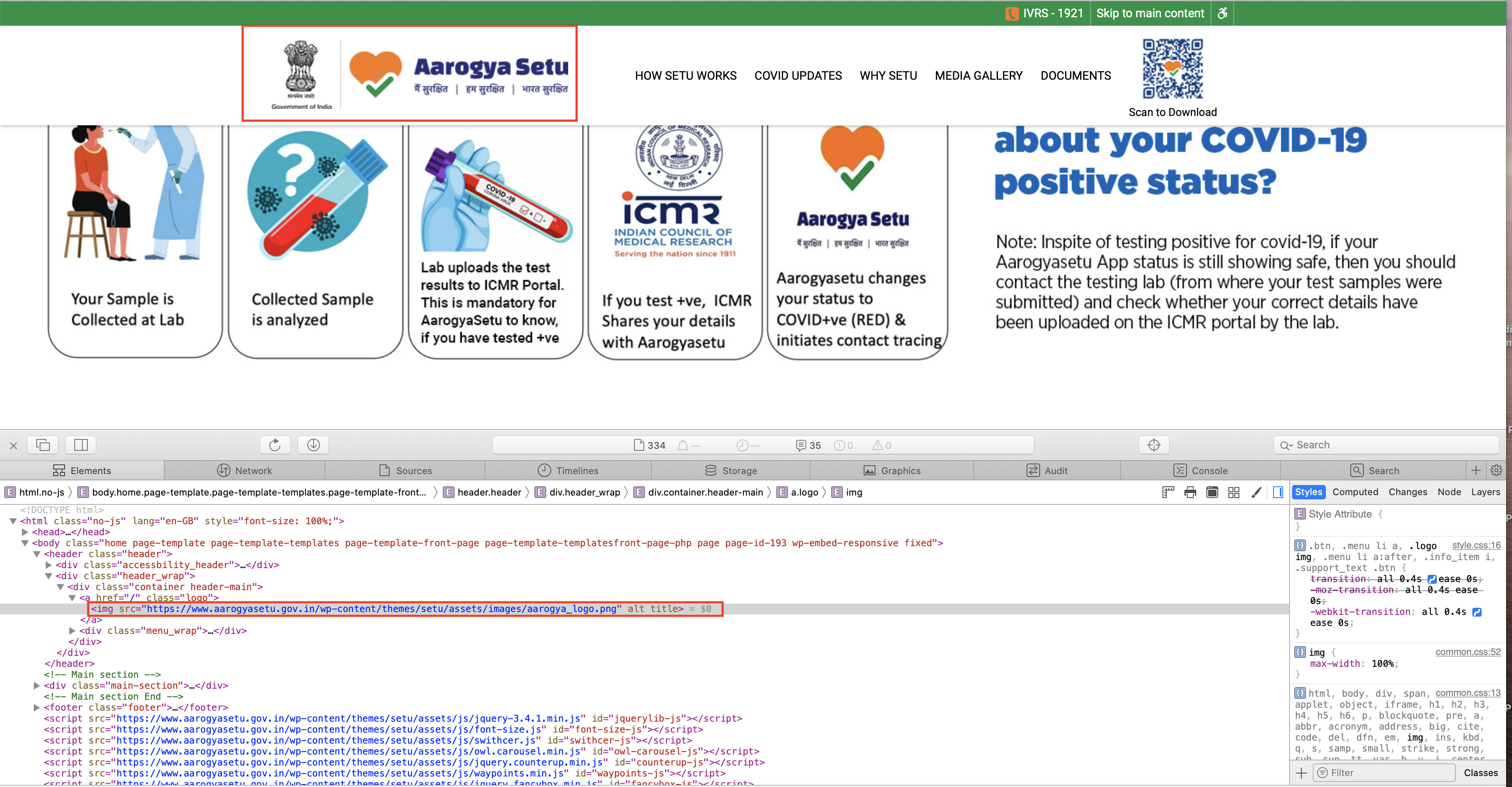 The Aarogya Setu logo image link contain empty alt attribute in the code.