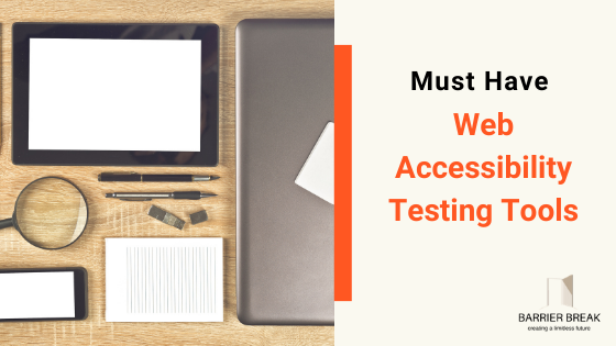 a laptop, magnifying glass, mobile phone and a notepad on a desk, text written must have web accessibility testing tools