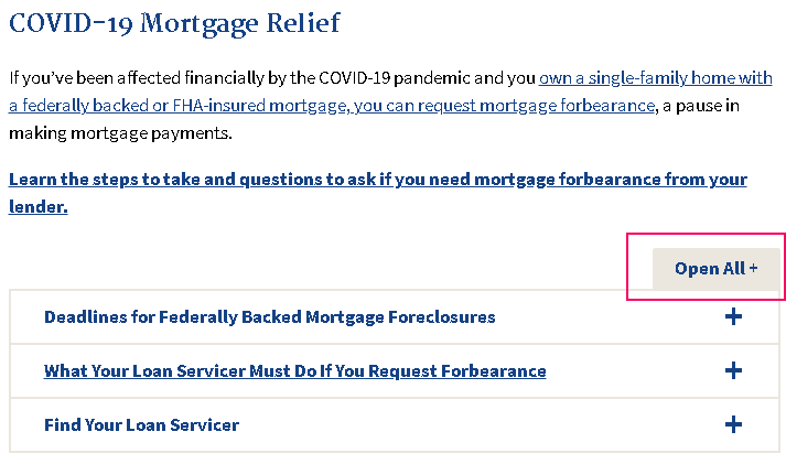 Open All button under COVID-19 Mortgage Relief section.