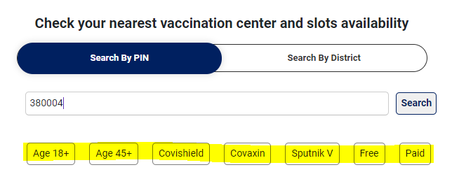 Cowin search by pincode 380004 - results can be filtered by multiple criterias like age and vaccine types