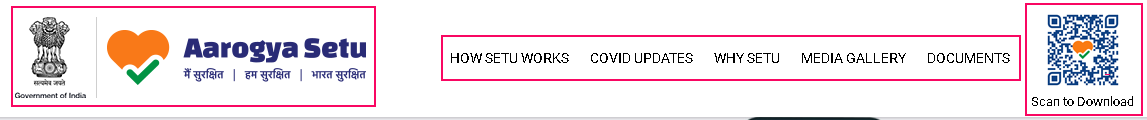Interactive elemens like Arogya Setu image link , navigation links and QR Code link in the header section