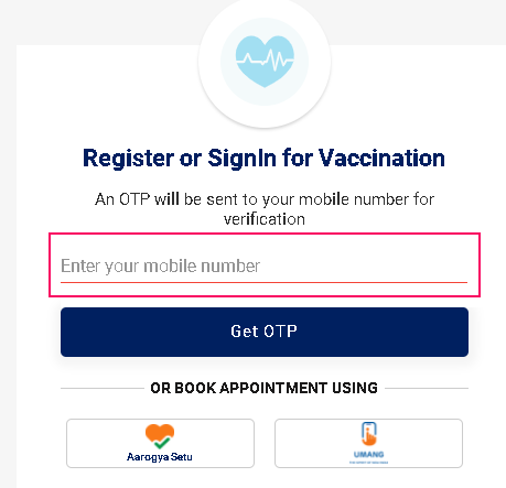 A field to enter the phone number to acquire OTP for registration purpose