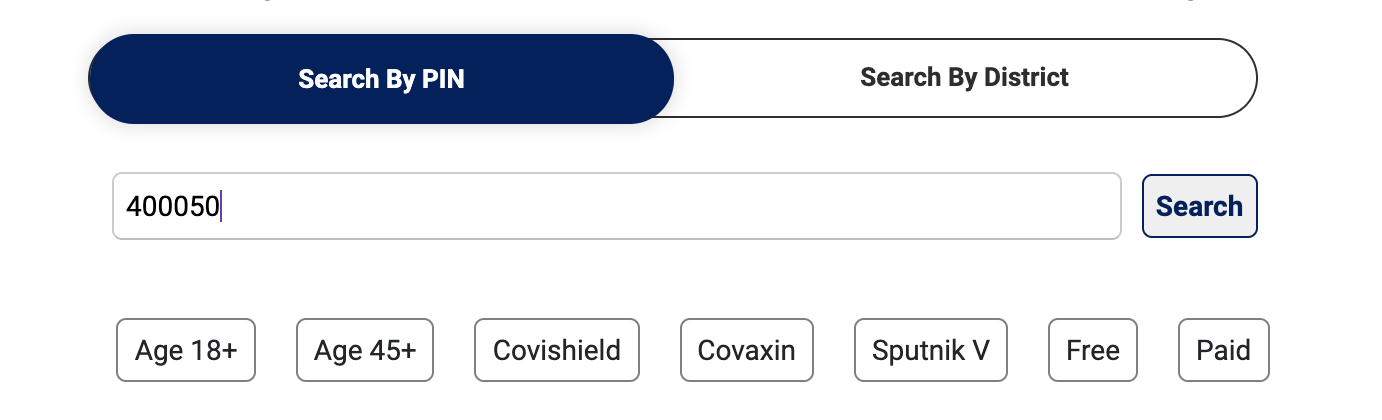 Filter options available on entering the Pincode to show availability of appointments