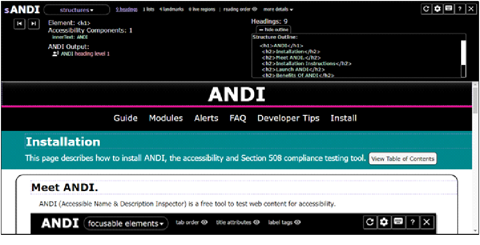 Screenshot of ANDI bookmarklet applied on ANDI's tool help page displaying Structure of the page.