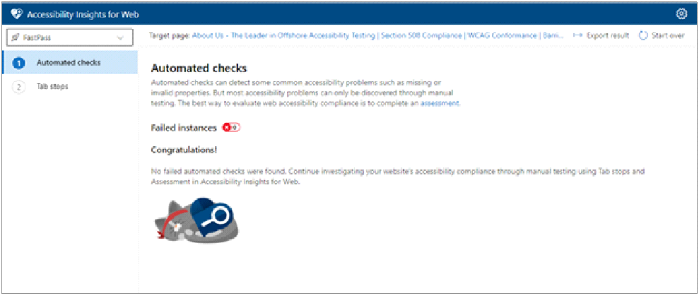 Screenshot of Accessibility Insight tool with FastPass test selected for About us page of Barrierbreak.