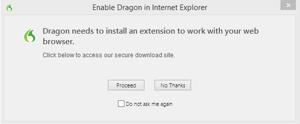 Screenshot of "Enable Dragon in Internet Explorer" prompt.