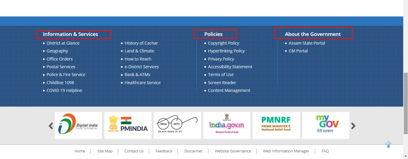 Screenshot highlighting text such as Information & Services, Policies and About the Government in the main content area.