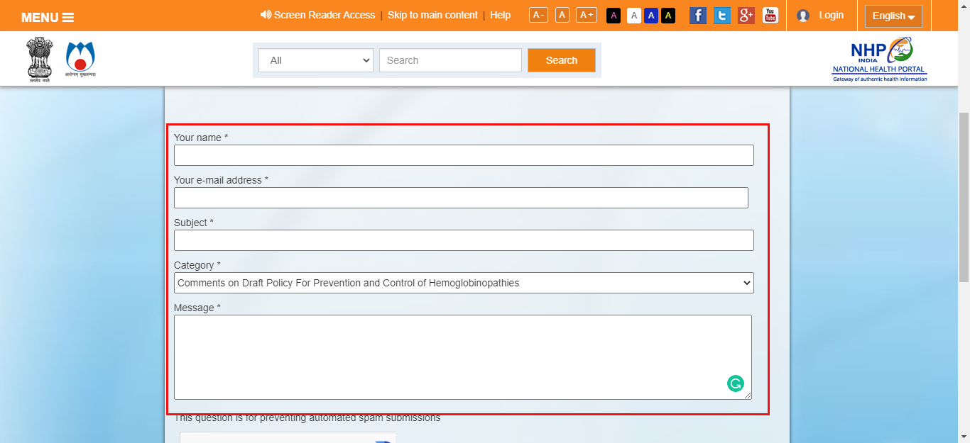 Screenshot highlighting Feedback form fields that lacks labels