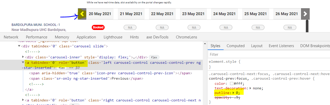 The anchor tag for navigation buttons between dates has outline set to 0. Hence they are not focused while accessing from keyboard