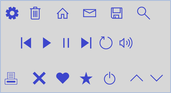 Icons of "Gear", "Trash Can", "Home", "Envelope", and so on used in user interface controls or to provide additional information.