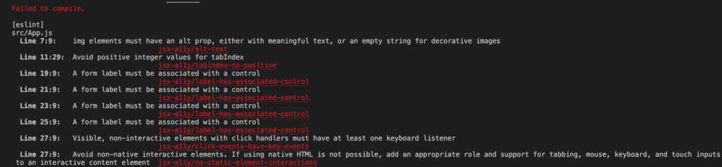 Preview of terminal with accessibility errors along with line number & rule names