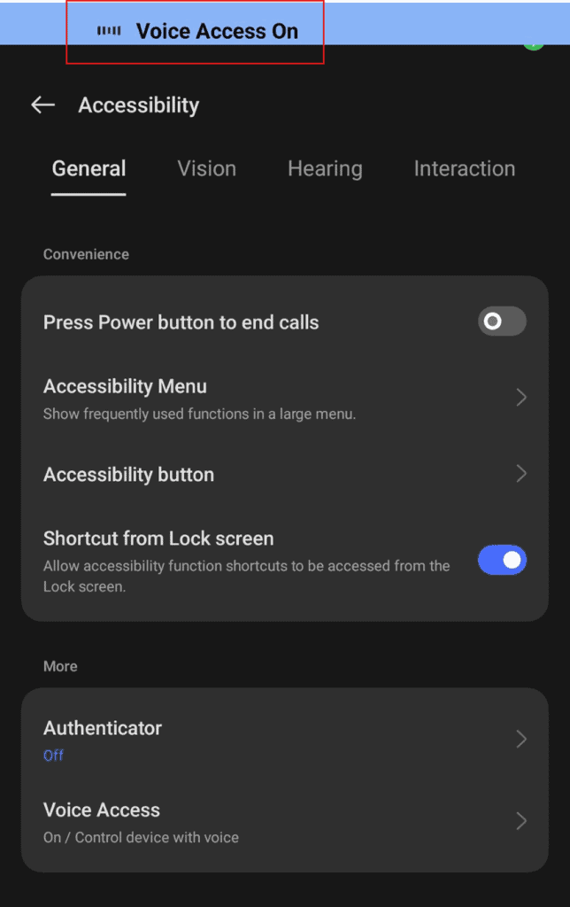 Accessibility settings screen of Android  device when users taps Voice Access activation button and it is displaying "Voice access on" in status bar.