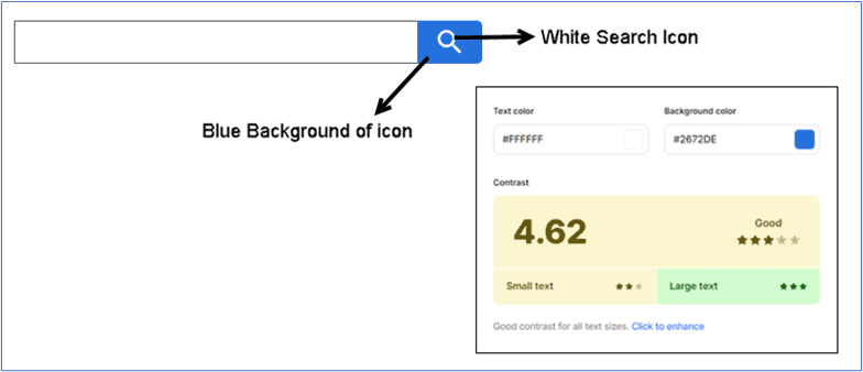 Testing a white magnifier search icons colour contrast with blue background using a contrast checker showing ratio of 4.6:1.