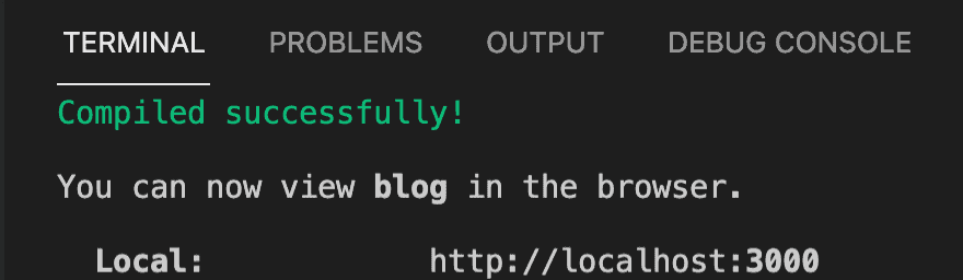 Preview of terminal displaying compiled successfully! message & the local address