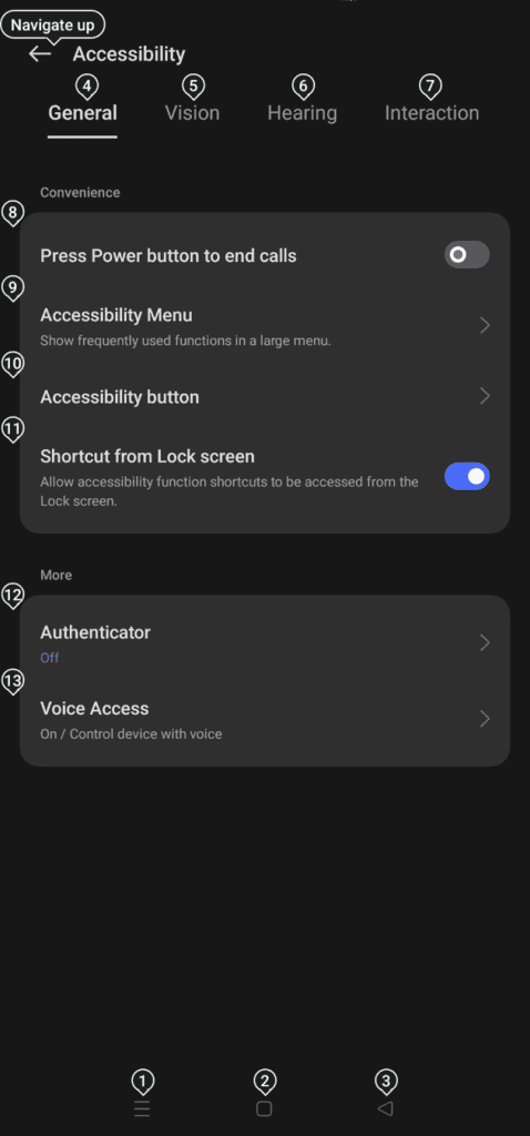 Accessibility settings screen of Android device displaying the name of the respective elements above them as a tooltip wherever it is available.