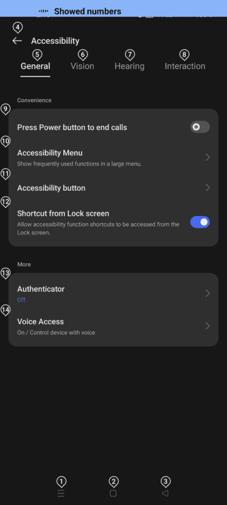 Accessibility settings screen of Android device displaying the numbers as 1, 2, 3 and so on for the respective elements.