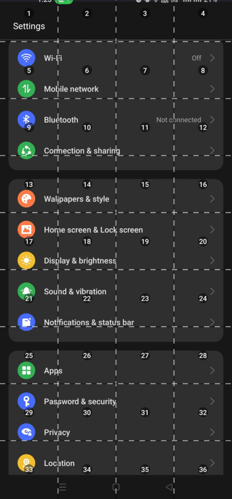 Settings screen of Android device displaying numbered grid.