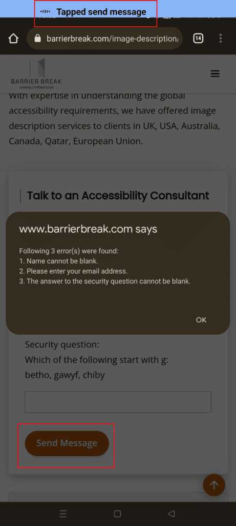 Barrierbreak's Image Description screen opened in Chrome browser and user is giving "Tap Send Message" command to activate "Send Message" button.