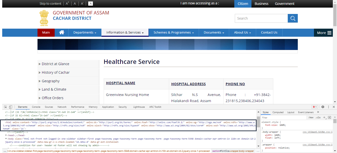 Screenshot displaying the webpage that lacks language attribute.