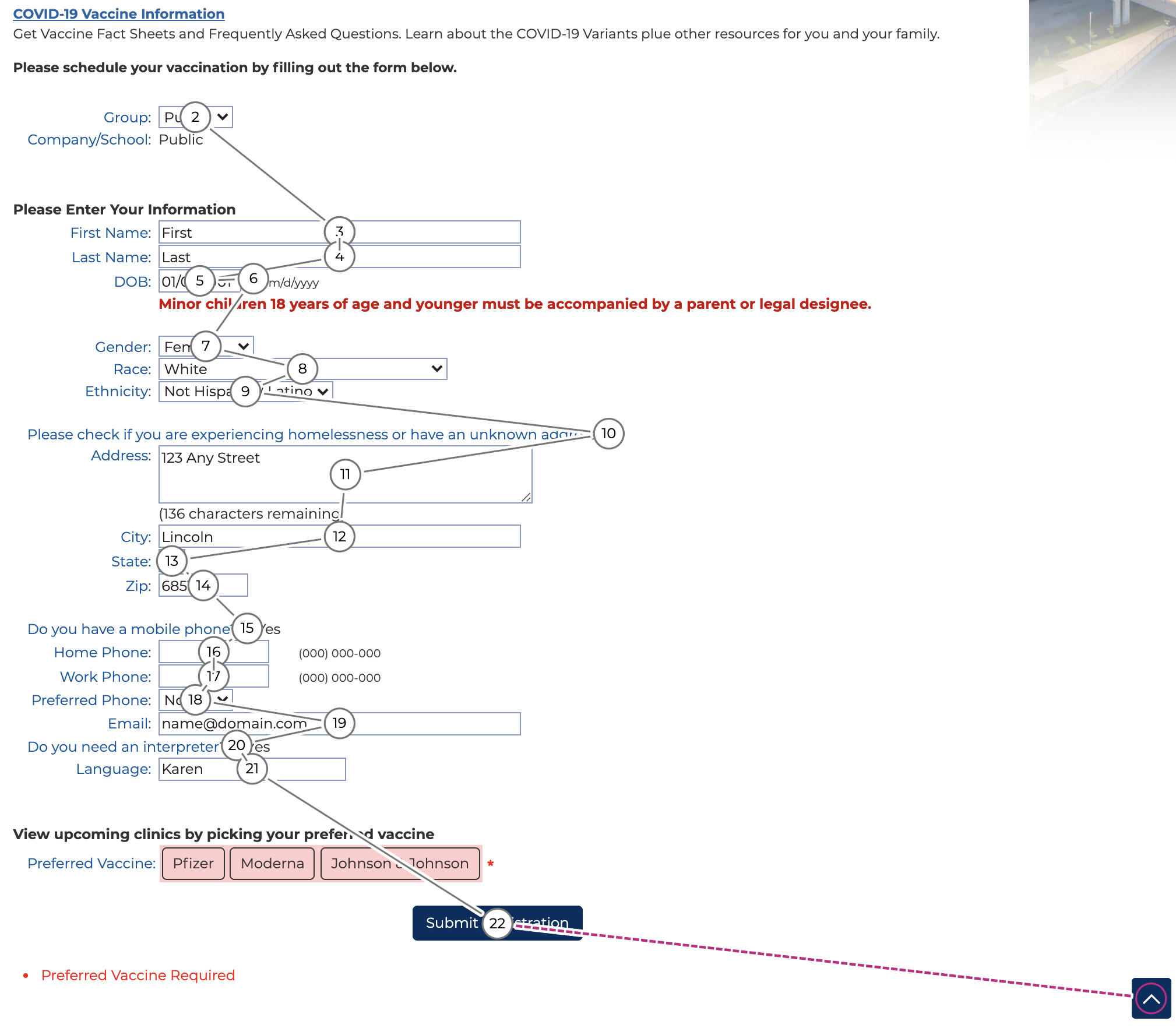 Keyboard tab sequence through the registration form, skipping over the last required field Preferred Vaccine.