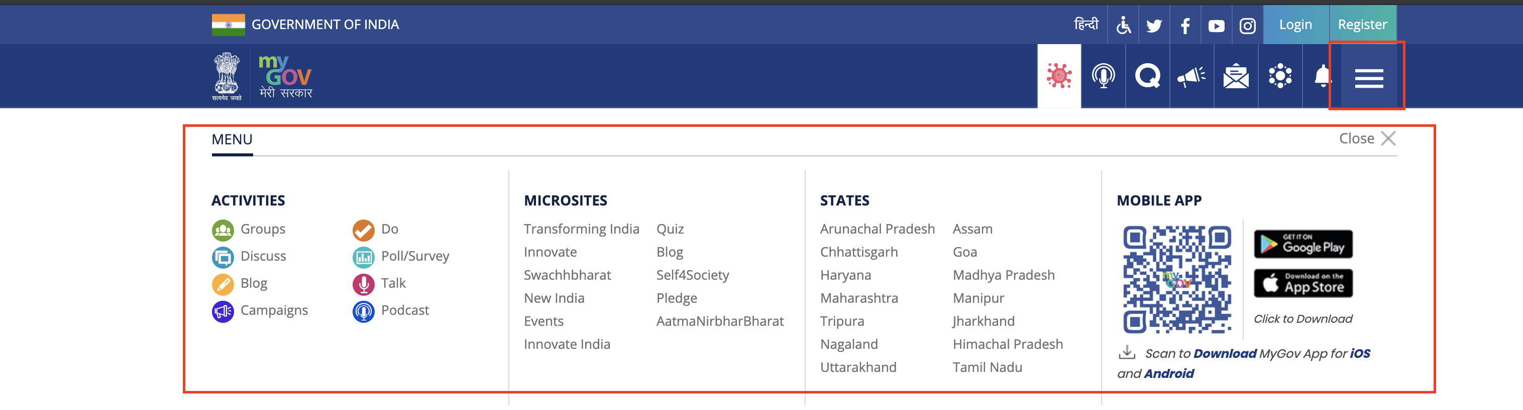 A screenshot of a expanded menu on mygov homepage