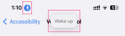 The iOS device's status bar displaying a "Wake Up" message along with a microphone icon in an enabled state.