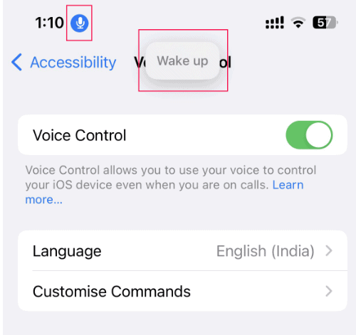 Accessibility settings screen of iOS device displaying "Wake up" message and Microphone is enabled state.