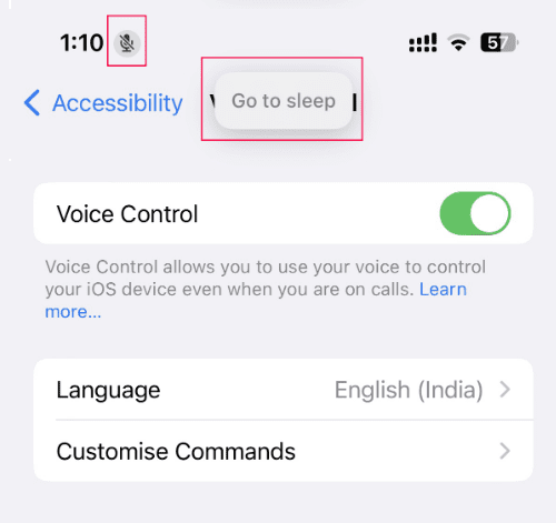 Accessibility settings screen of iOS device displaying "Go to sleep" message and Microphone in disabled state.