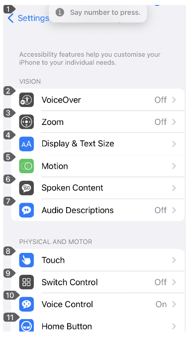 Accessibility settings screen of iOS device displaying the numbers as 1, 2, 3 and so on for the respective items.