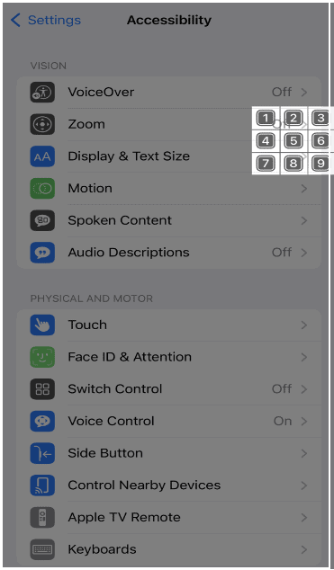 Accessibility settings screen of iOS device displaying enlarged numbered grid.