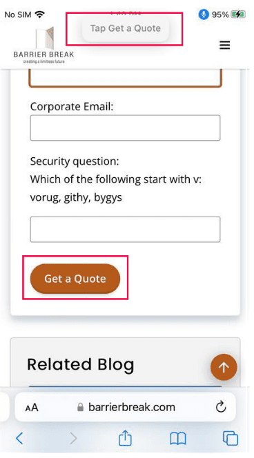 Barrierbreak's VPAT creation page opened in Safari browser and user is giving "Tap Get a Quote" command to activate "Get a  Quote" button.